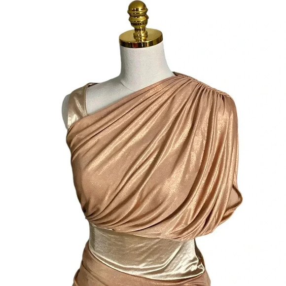 BEBE | Gold Metallic Colorblock Asymmetric Ruched Cocktail Mini Dress Size XS - Picture 7 of 9